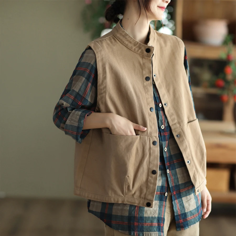 

Повседневный хлопковый жилет ex, весенне-осенняя винтажная рабочая одежда, свободный открытый кардиган без бирки, воротник-стойка, одна пуговица