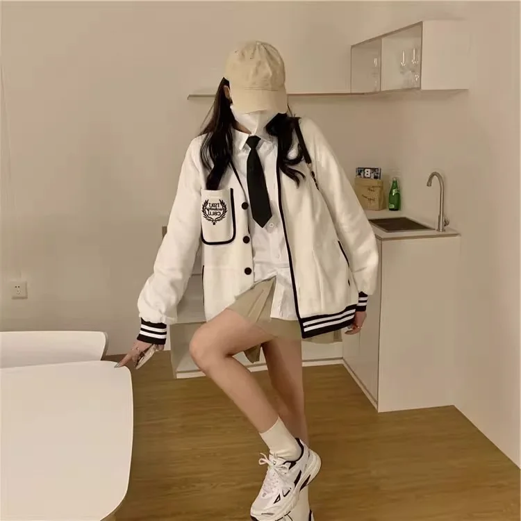 Women Loose Baseball Coat Stand Collar Student Pockets Jacket Open Cardigan Button Closure Letter Print Patchwork Color Jacket