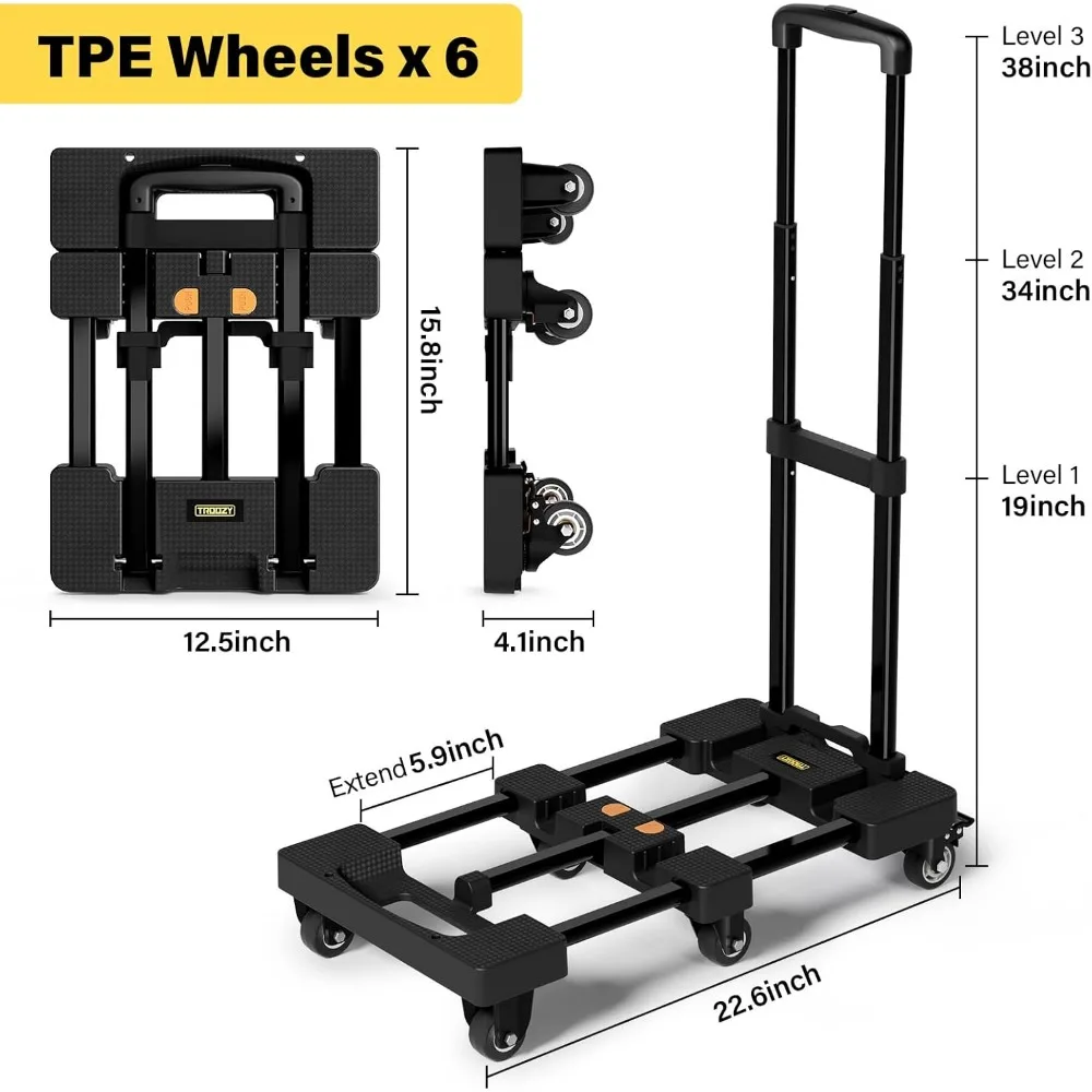 

Folding Hand Truck,Dolly Cart with 6 Wheels (2 with Brake) & 2 Elastic Straps, 500 LB Heavy-Duty Trolly Cart for Moving, Luggage
