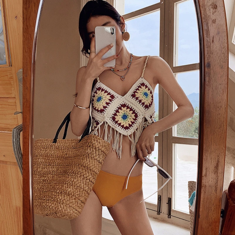 

2024 Beach Knit Women's Bikini Diamond Abstract Solid Halter Backless Spaghetti Low Waisted Female 2-Piece Swimsuit Summer Trend