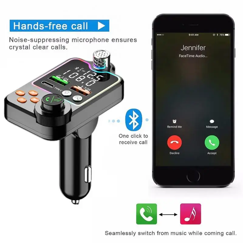 Car Bluetooth-compatible 5.0 FM Transmitter One Key Bass Mp3 Player Large Microphone USB Music Play USB3.0 PD Quick Charger