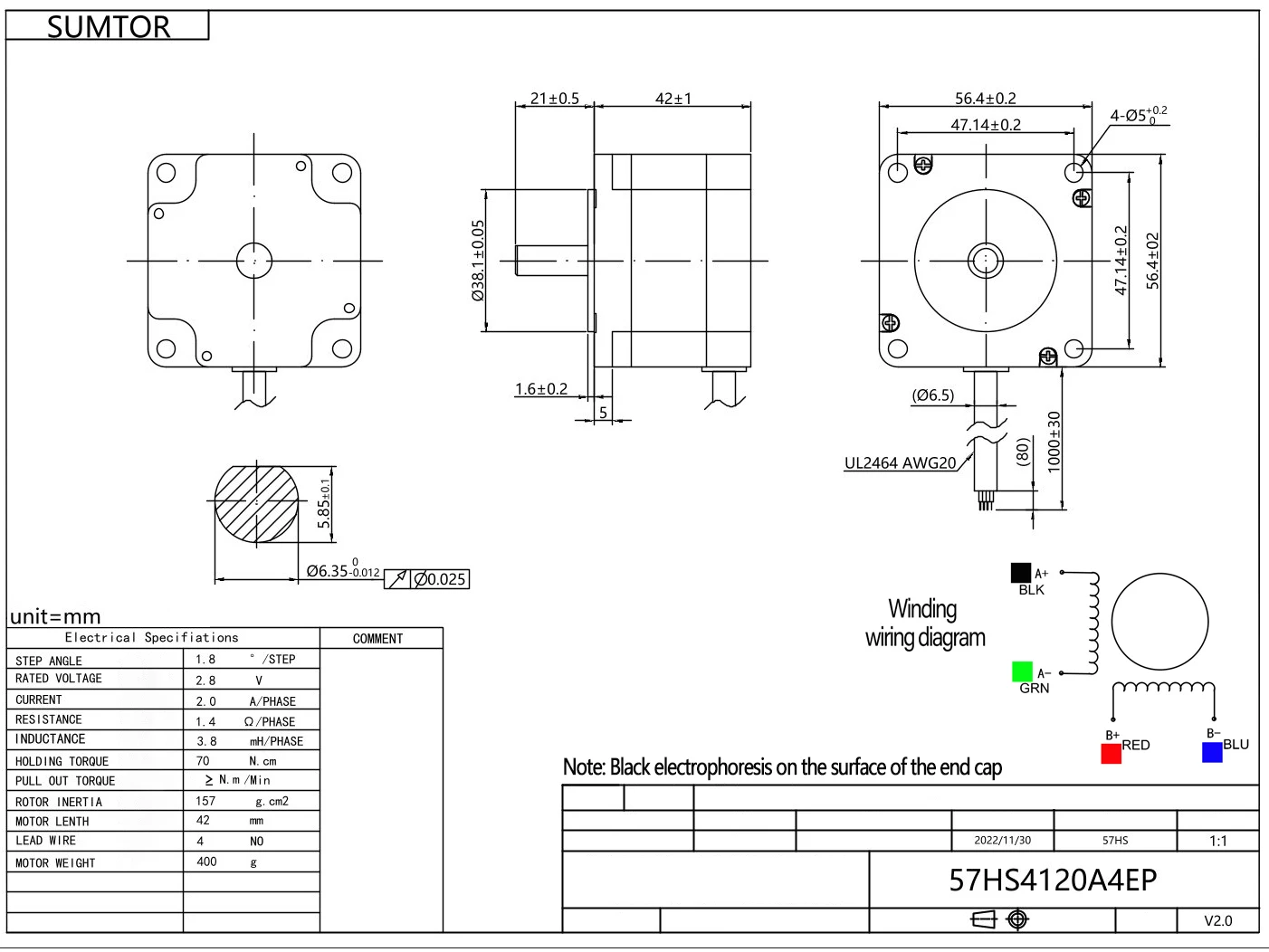 4-Wire NEMA23 Stepper Motor 0.7N.m Length 41mm Current 2A Single Shaft Step angle 1.8° Shaft diameter 6.35mm/8mm Stepping Motor