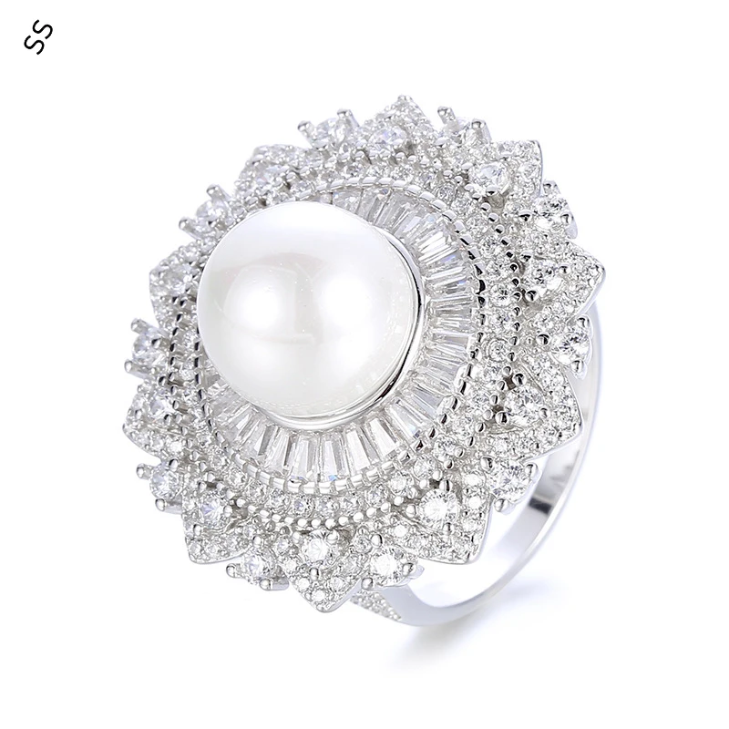 European and American Fashion Atmosphere 925 Sterling Slver Pearl Ring for Women Inlaid with Diamond Jewelry Hand Accessories