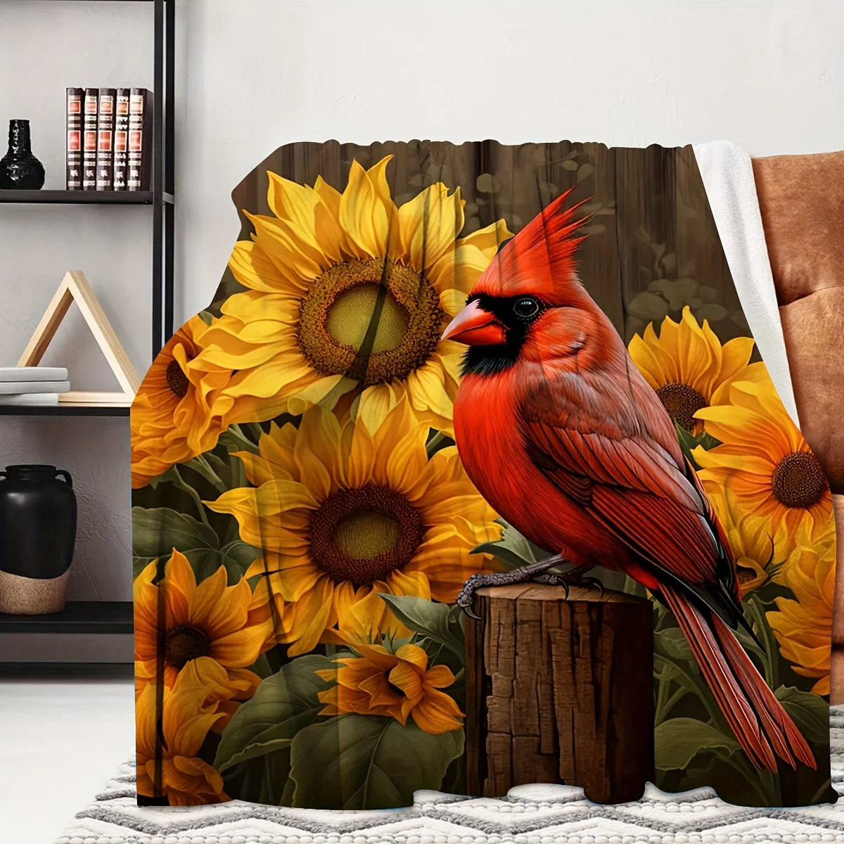 Cardinal Birds & Sunflowers Print Flannel Throw Blanket - Contemporary Style Multipurpose - Soft Comfortable Travel Camping