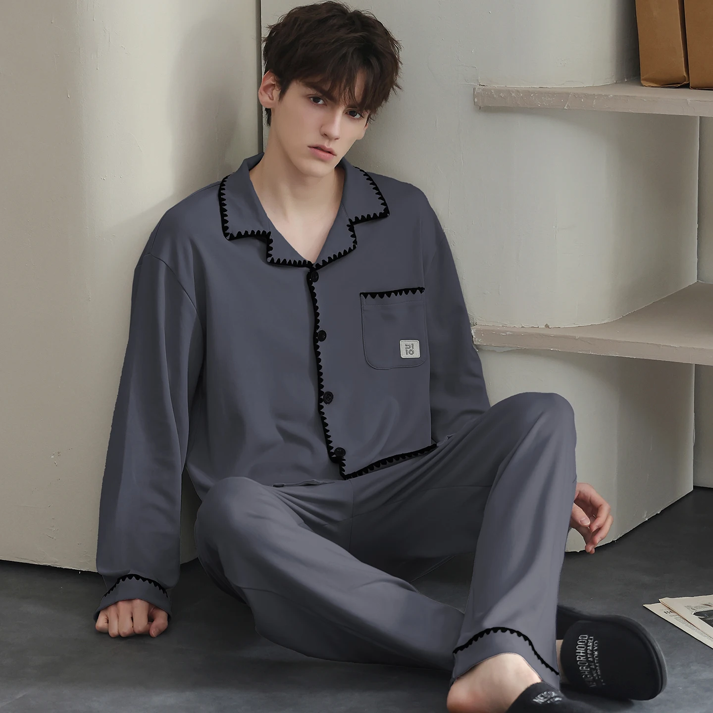 4XL-7XL Men Casual Tracksuit Pajamas Set 100%Cotton Male Spring Autumn Pyjama Loose Men Home Set Sleepwear Tops+Pants 2PCS/Set