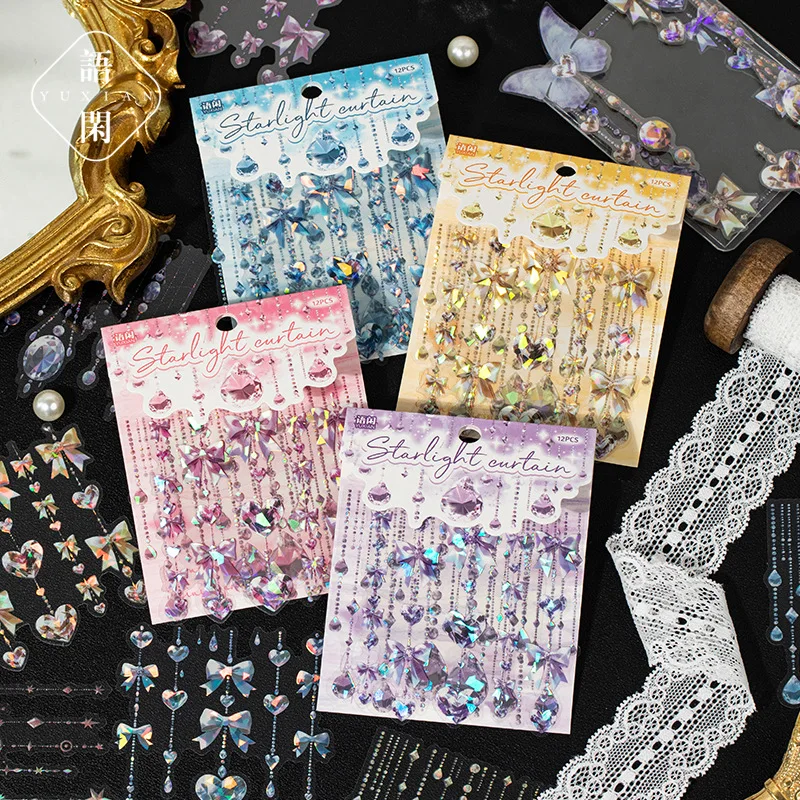 

12pcs/1lot Kawaii Stationery Stickers Starlight Curtain Junk Journaling Decorative Scrapbooking for Scrapbook