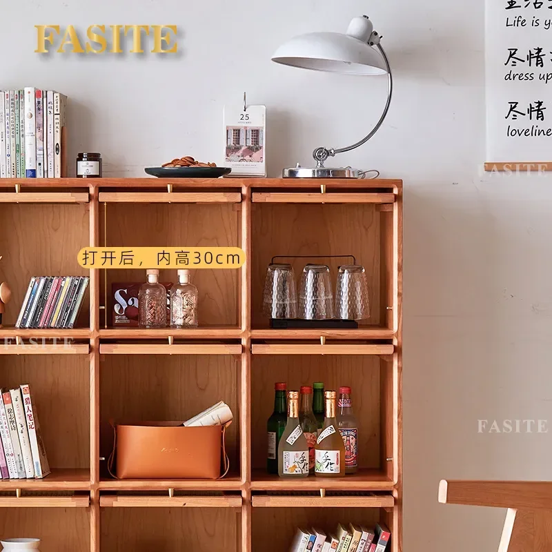 Solid Wood Nordic Display Cabinet Japanese Modern Lattice Bookcase Cherry Wood  Study Living Room Side Cabinet