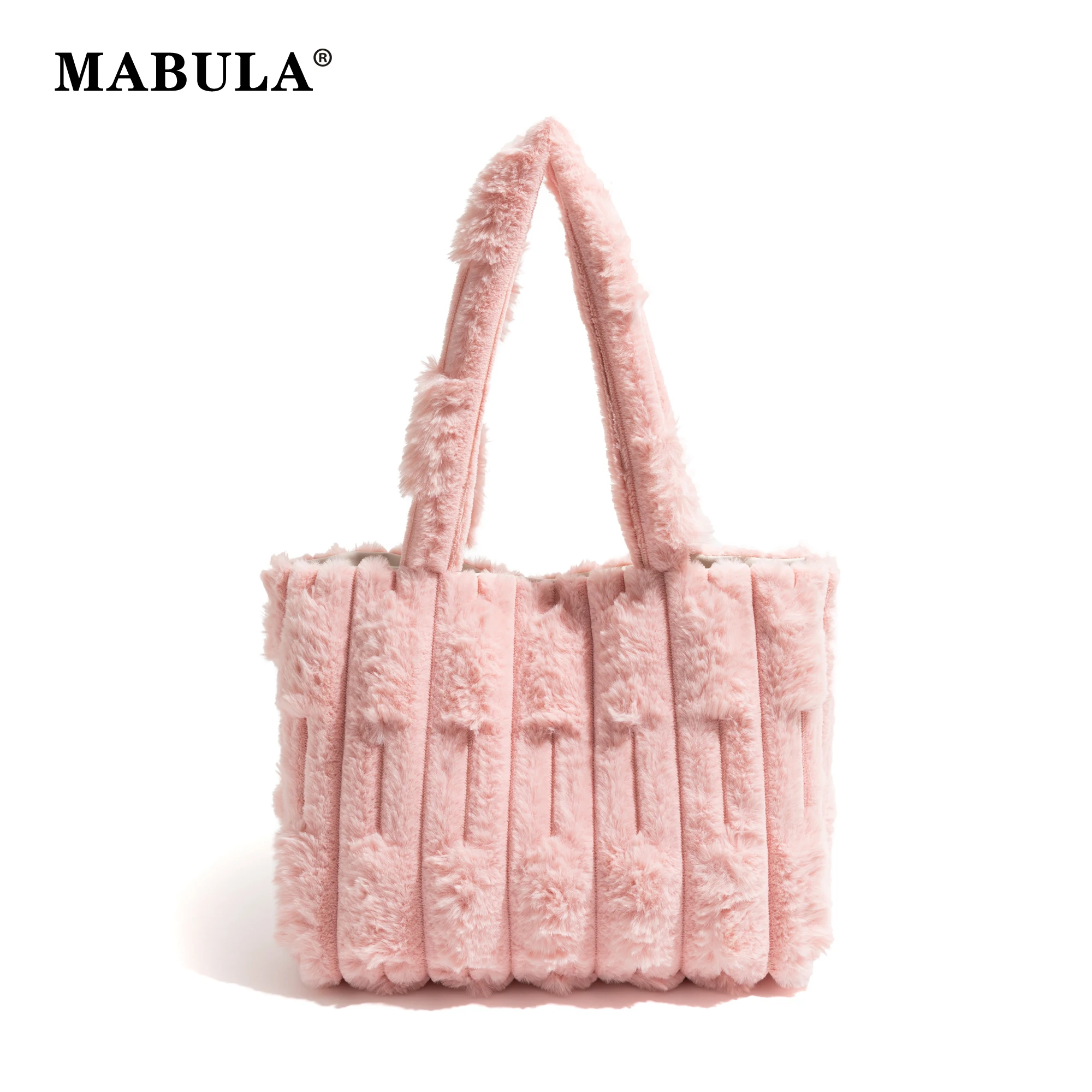 

MABULA Fashion Women's Fluffy Tote Handbag Pink Solid Color Square Winter Shopping Shoulder Bag Simple Phone Purse For Female