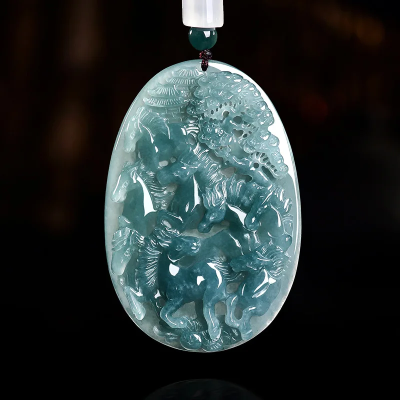 Natural Myanmar Jadeite Horse Pendant Necklace Talismans Gemstone Real Jade Vintage Jewelry Carved Amulet Gifts for Women