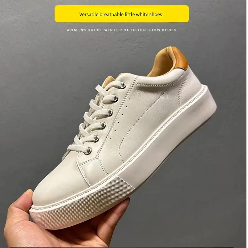 

Men's 2026 Spring Genuine Leather White Sneakers | Breathable Hollow Casual Plimsolls | Height-Increasing Versatile Sports Shoes