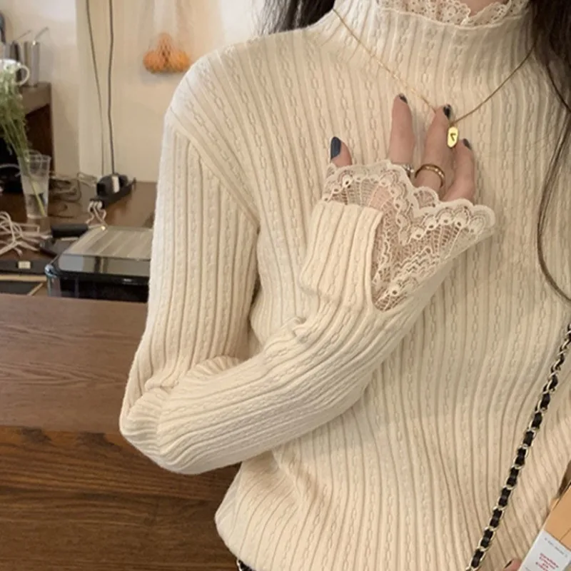 Jerséis de punto para mujer, suéter ajustado con cuello simulado, encaje elástico, suéteres de punto para otoño e invierno, capa Base elástica, jerséis para mujer