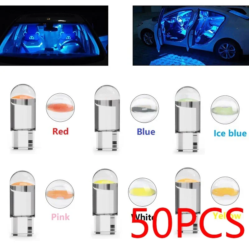 

2-50 шт. Автомобильный светодиод T10 W5W Стекло COB 6000k Купольная лампа для чтения Маркер Клиновый номерной знак Лампа 168 194 192 DC 12 В Белый Синий Красный