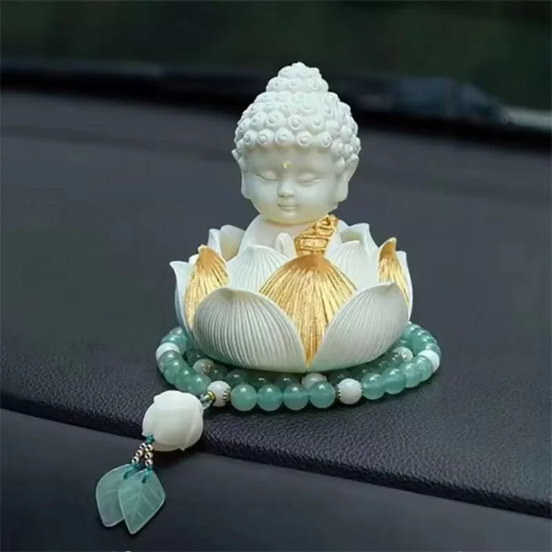 Mini Cute White Buddha Statue on Lotus Flower, Faux Ivory Resin Car Dashboard Ornament, Feng Shui Zen Decor for Home Office Desk