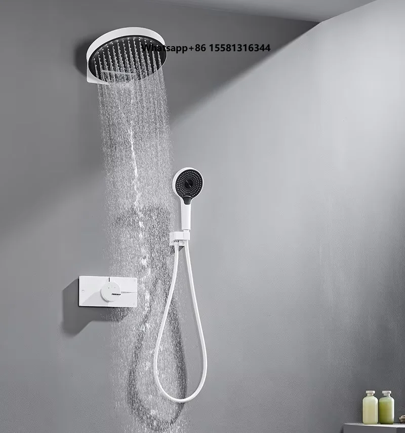 Modern Wall-Mounted Shower Set Brushed Chrome Thermostatic Concealed White Finish Massage/Soft/Rain Spray Apartment Hotel