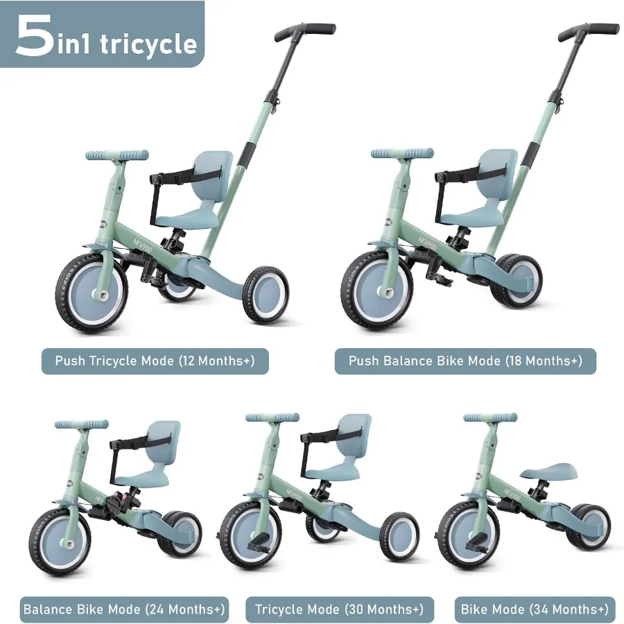 Toddler Tricycle with Push Handle for 1-3 Year Old, Toddler Bike, Birthday Gifts and Toys for Boys and Girls, 5 in 1 Kids Trike,