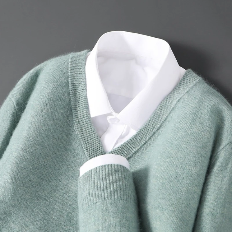 سترة رجالية جديدة من الصوف الأسترالي 100% برقبة على شكل حرف V، بلوفر كاجوال للأعمال سميك مكون من 12 مقياسًا #1