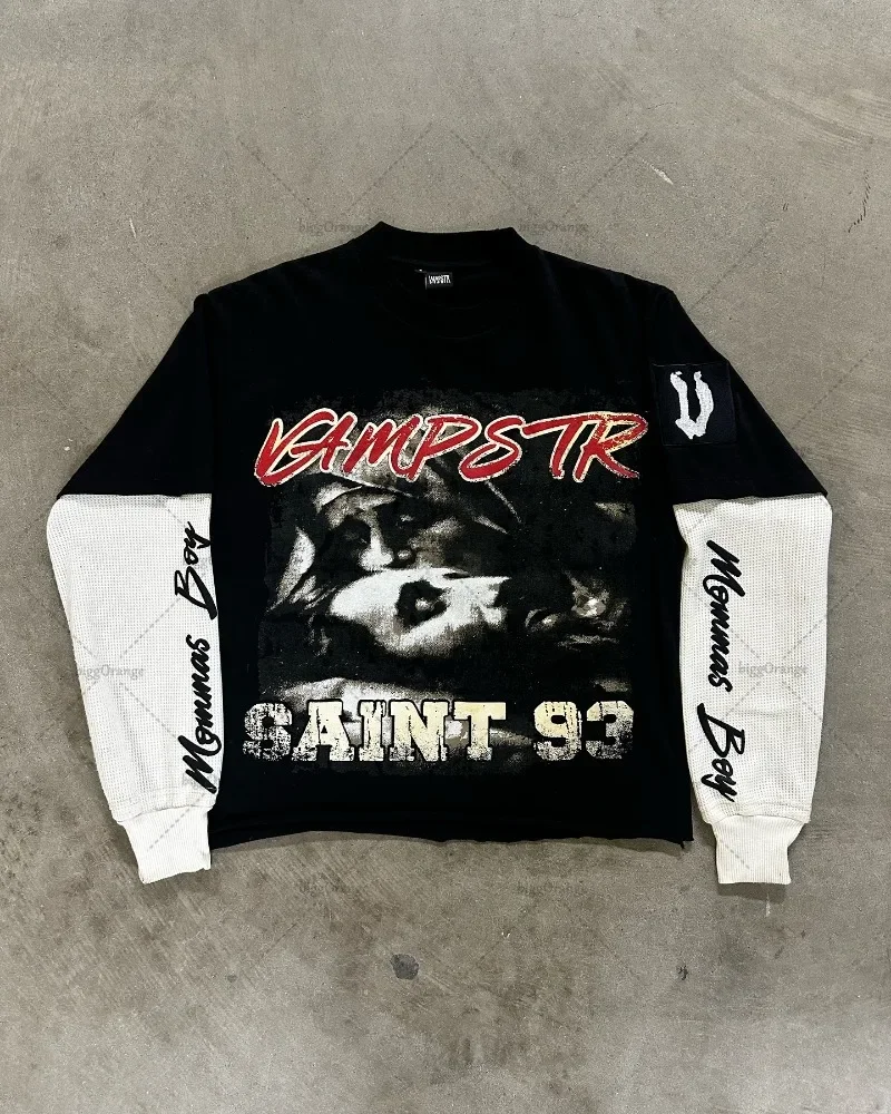 

Hip-hop Harajuku Retro Long-sleeved Fake Two-piece Punk Letter Print Casual Oversized T-shirt Harajuku Y2K Streetwear Top Men