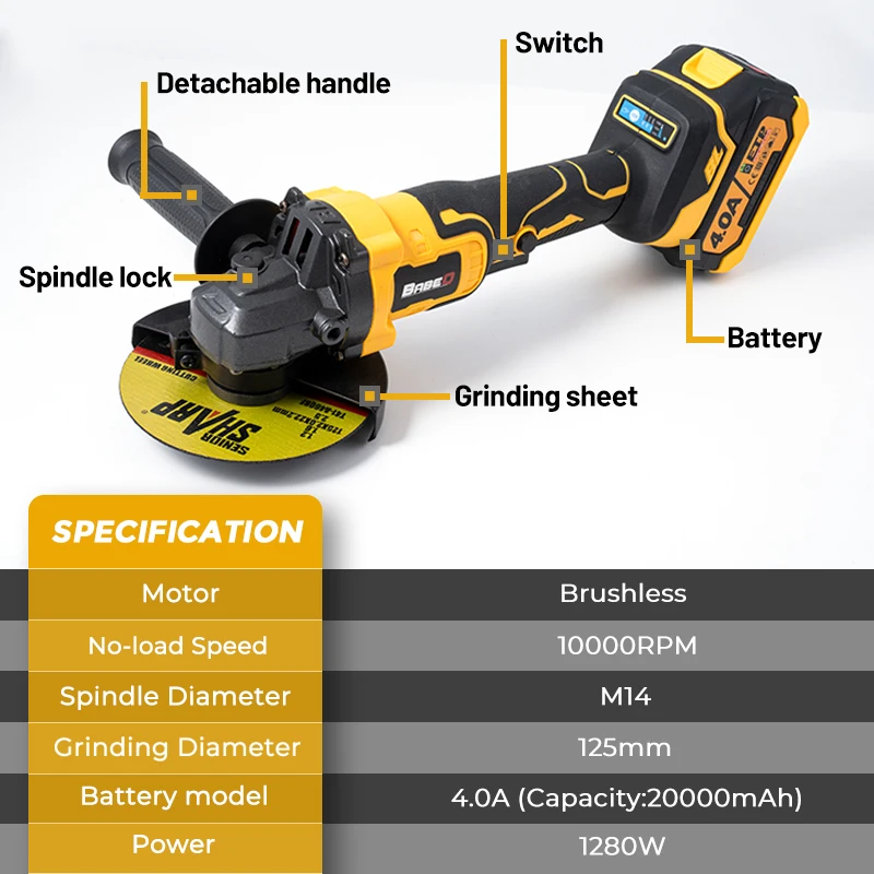 BABAQ-Meuleuse d\'angle sans balais M14, rectifieuse électrique sans fil, batterie aste 4,0 A, outils électriques de polissage du bois