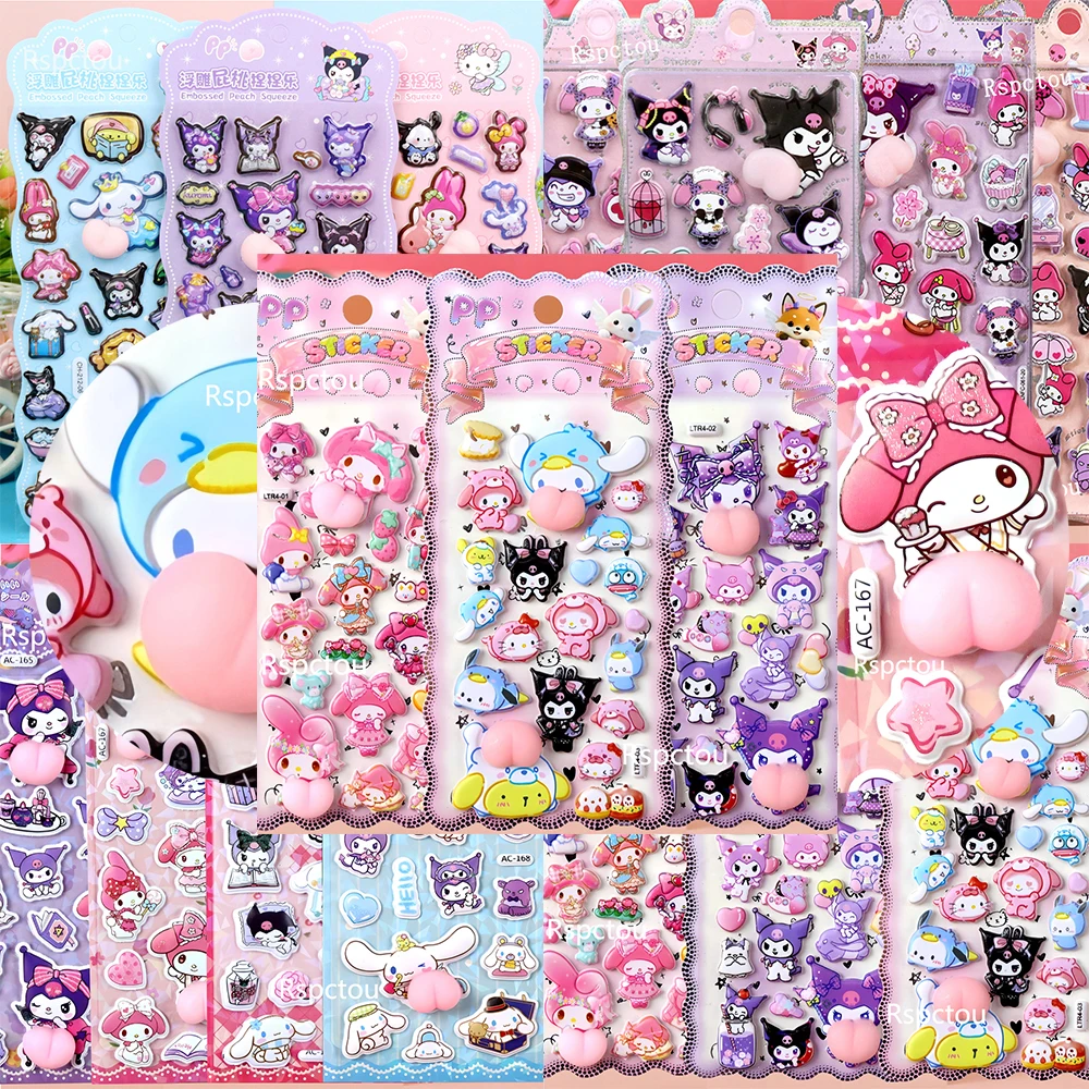

Sanrio Decompress Soft Butt Stickers Cute Cartoon Kuromi 3D Bubble Sticker Pinchable Stress Relief Puffy Decals Decoration Gifts