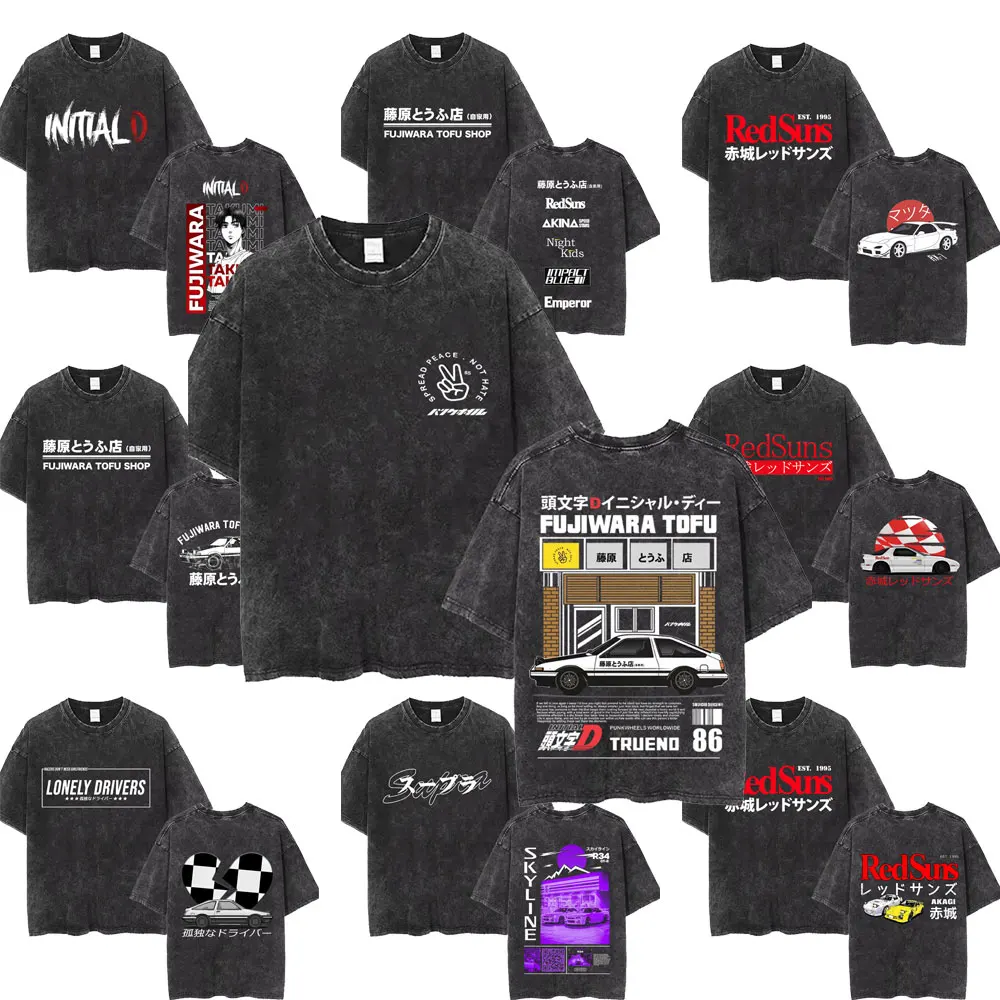 

Washed Vintage Anime Initial D Drift AE86 T Shirts Fujiwara Takumi Graphic T-shirts Men Women 90s Manga Hip Hop Oversized Tshirt