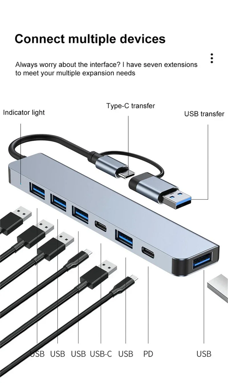 7 IN 1 USB Hub 3.0 Multiport Dock Station Type C Splitter 5W PD Adaptador for Lenovo Macbook Pro Computer Accessories