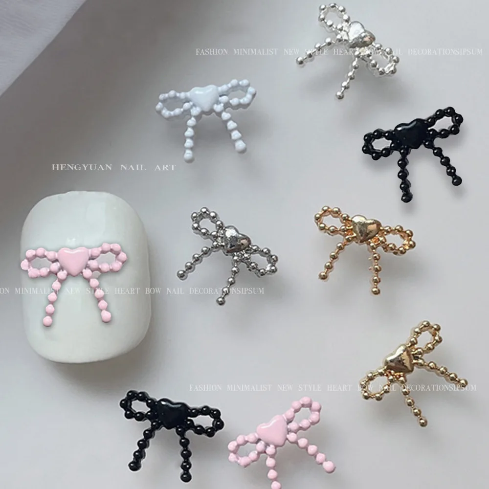 10PCS Spray Painted Metal Nail Art Love Heart Bow Charms Parts Kawaii Accessories For Nails Decoration Manicure Decor Supplies