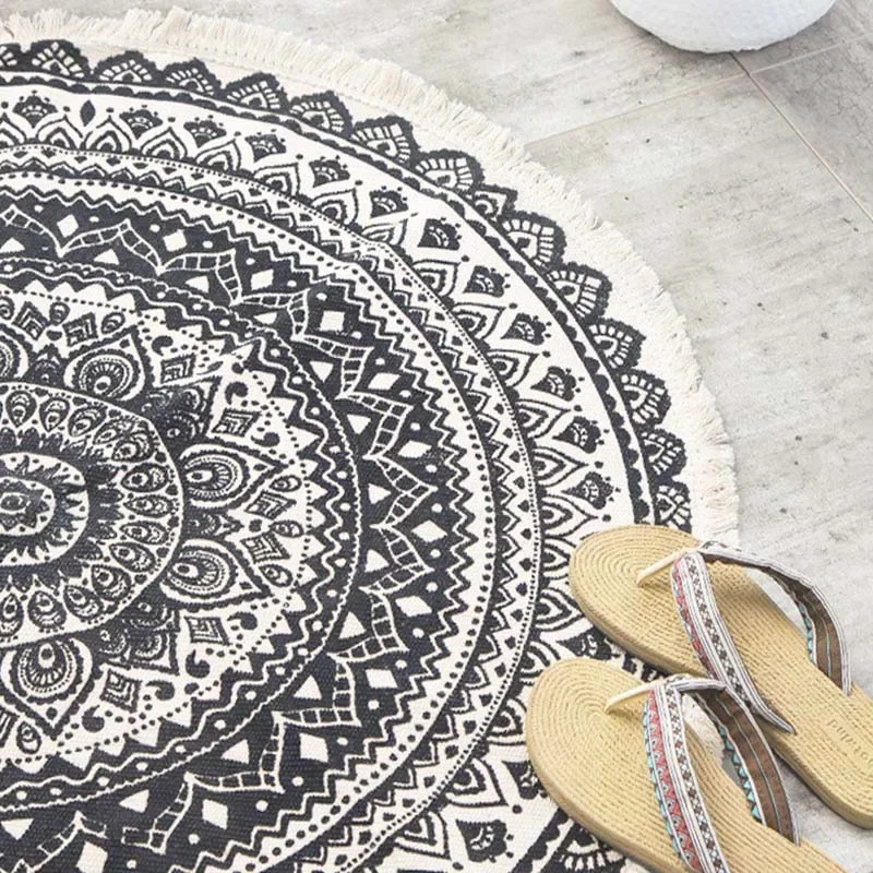 Boho Ethnic Round Carpet Tassel Rugs Black Blue Mandala Carpet for Living Room Modern Classic Cotton Linen Morocco Carpets