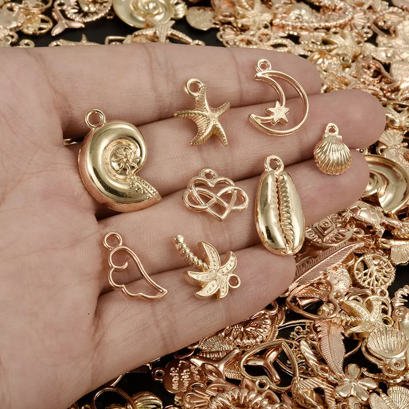 10-50pcs/Lot Kc Golden Color Leaf Ocean Random Mix Shell Coconut Tree Starfish Moon Jewelry Charm Pendant Handmade Earring Bulk