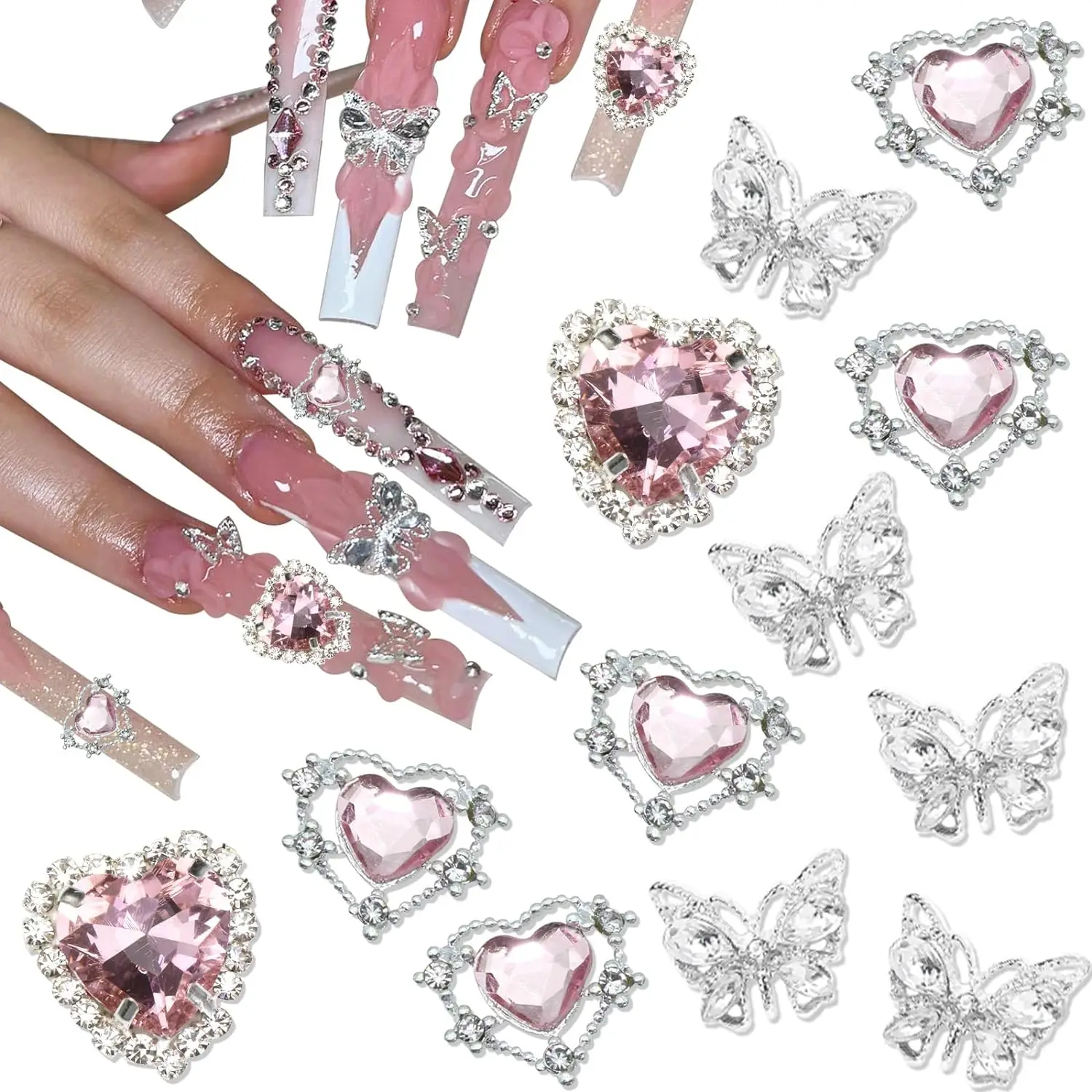 Pink Heart Nail Art Charm 3D Silver Alloy Butterfly Shape Nail Rhinestones Valentine's Day Manicure DIY Crafts Design Decoration