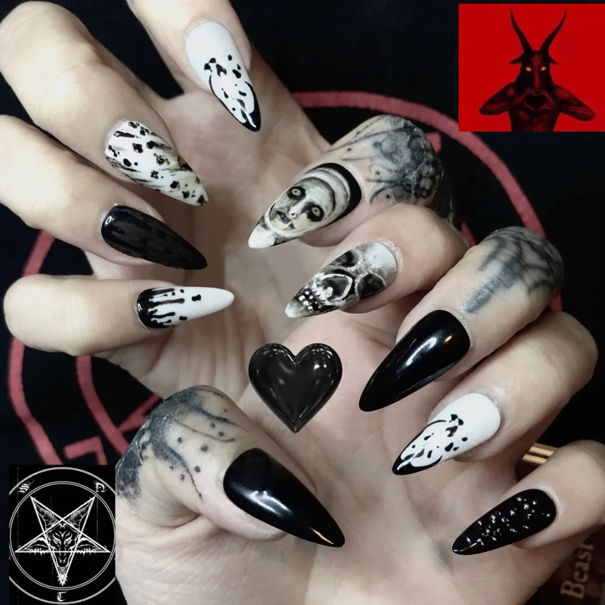 

24pcs Halloween Skull Black Spider Press on Nails with Wed Design French Fake Nail Patch Full Cover Wearable False Nail Tips
