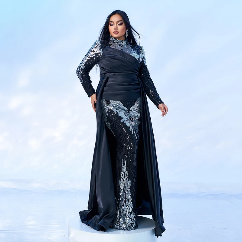 4XL Women Performance dress Long Sleeve O Neck Black Silver Sequins Ball Gown Cocktail Prom Formal Occasion Dresses