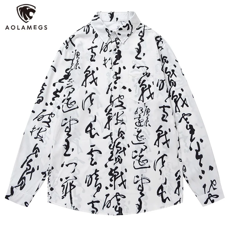 Men's Shirts Chinese Calligraphy Print Blouse Literary Retro Clothes Autumn Winter Trendy Brand Tops Loose Drape Versatile Coats