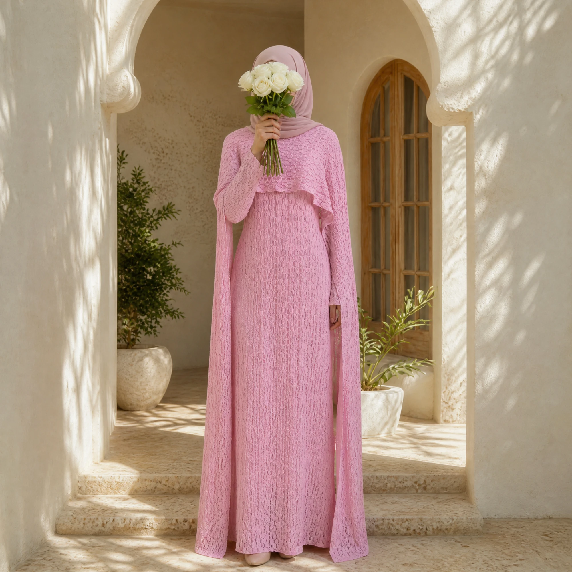 Ramadan Eid Evening Party Islam Duba Muslimah Dress Regular-Fit Elegant Lined Embossed Lace Gown with Attached Scarf Cape Front