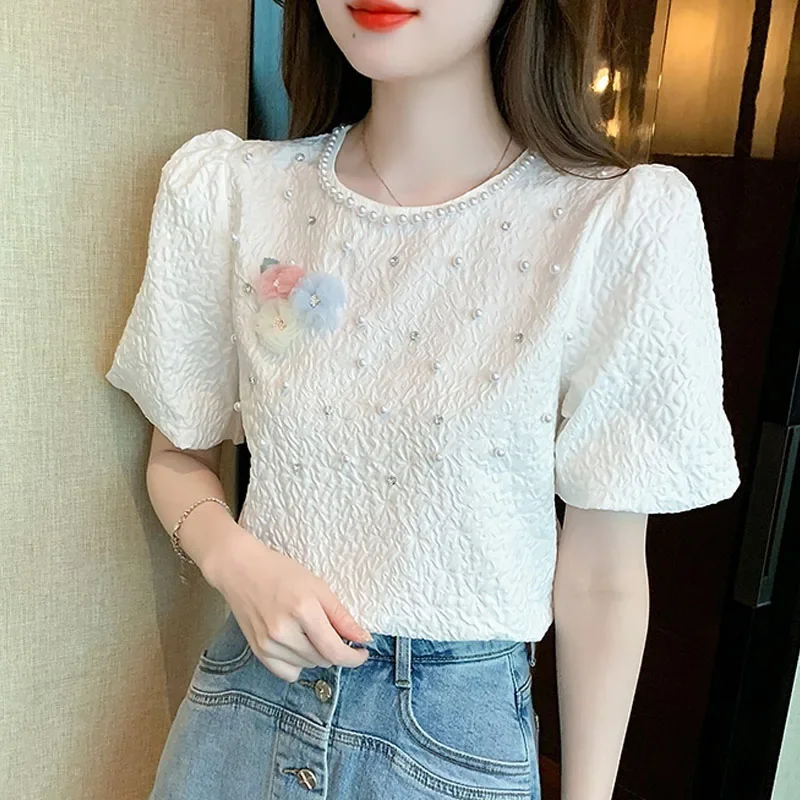 New Fashion Sweet Office Women\'s Shirts Casual Summer Short Sleeve Women Blouses with Beading Elegant Floral Woman Tops 1036