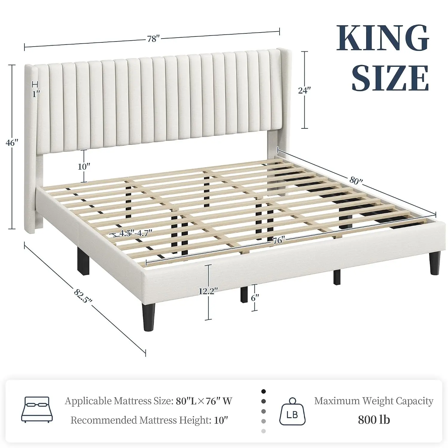 King Bed Frame With Headboard, Ivory Channel-Tufted Platform, Customized
