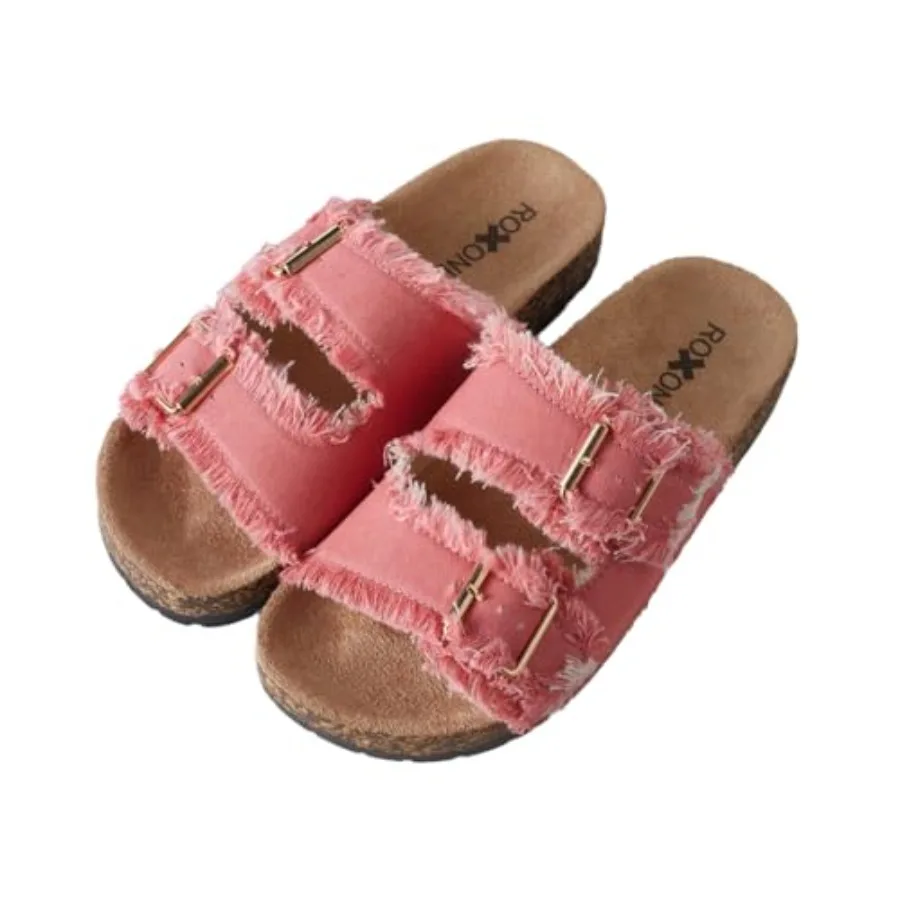 Roxoni Women's Comfort Flat Sandals Double Buckle Adjustable Straps Flat Slides Footbed Suede