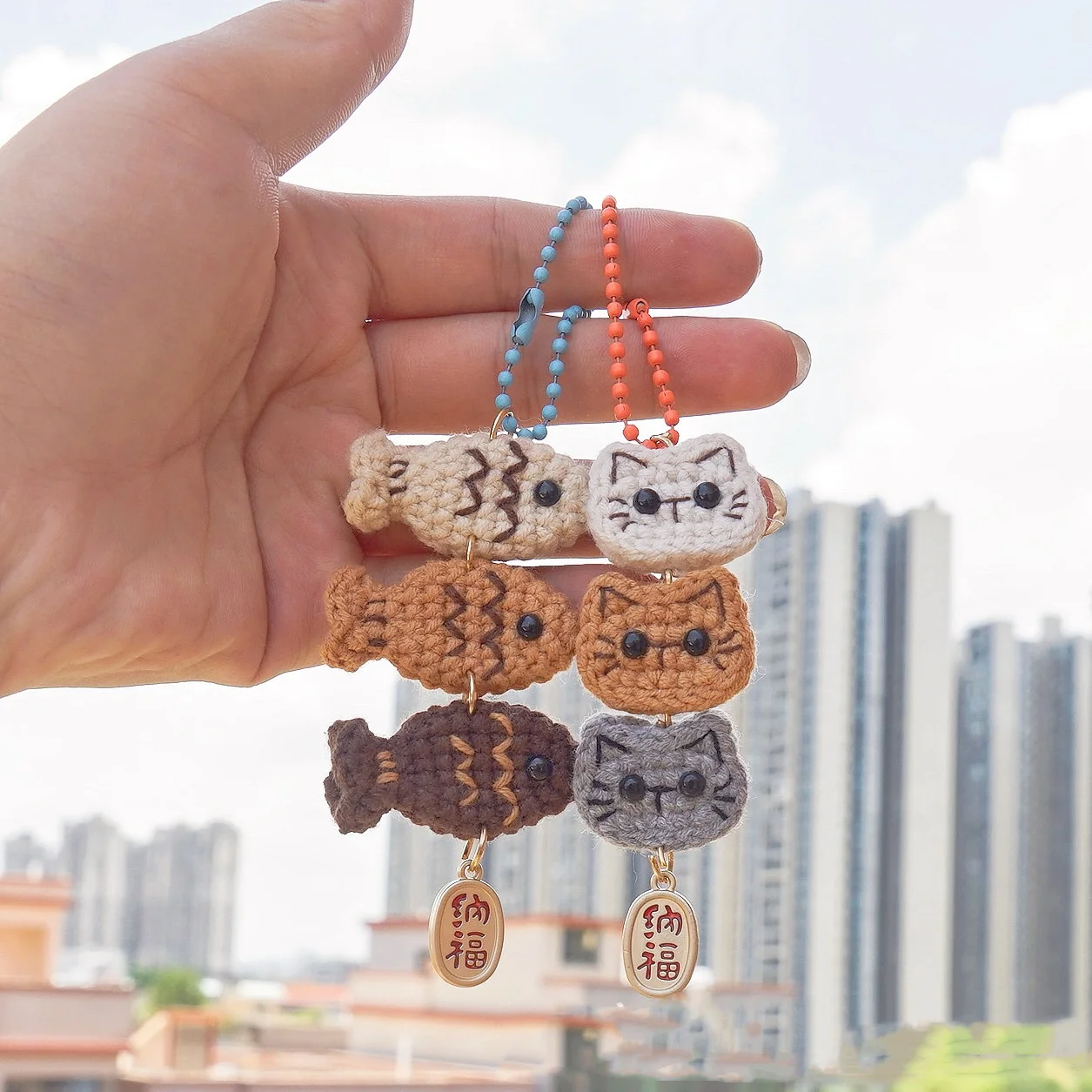 Handmade Cat Fish Keychain Cute Weaving DIY Animal Bag Mobile Phone Accessories Yarn Crochet Doll Pendant Girl Women Gifts