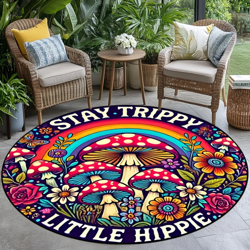 VIKAMA Runder Teppich im Hippie-Stil mit Pilz- und Regenbogenmotiv, perfekt für Badezimmer, Spielzimmer, Wohnzimmer, Schlafzimmer und Heimdekoration