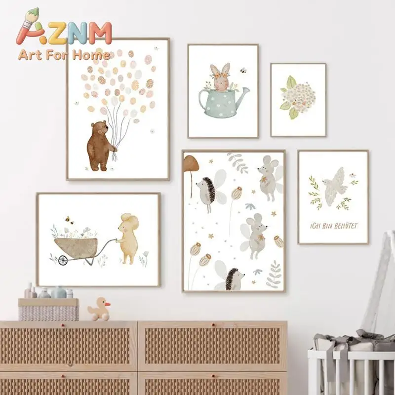 Boho Cartoon Farm Posters Prints Featuring Rabbit, Bear, Balloon, Hedgehog, Flower, Duck Canvas Painting Wall Art Ideal for B
