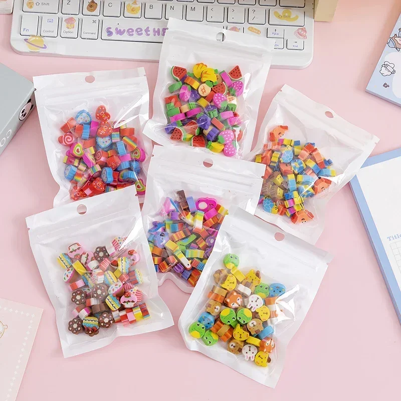 50pcs/bag Cartoon Animals Fruit Erasers Mini Cute Rubber Pencil Erasers Kids Praise Gifts Kawaii Stationery Office Supplies