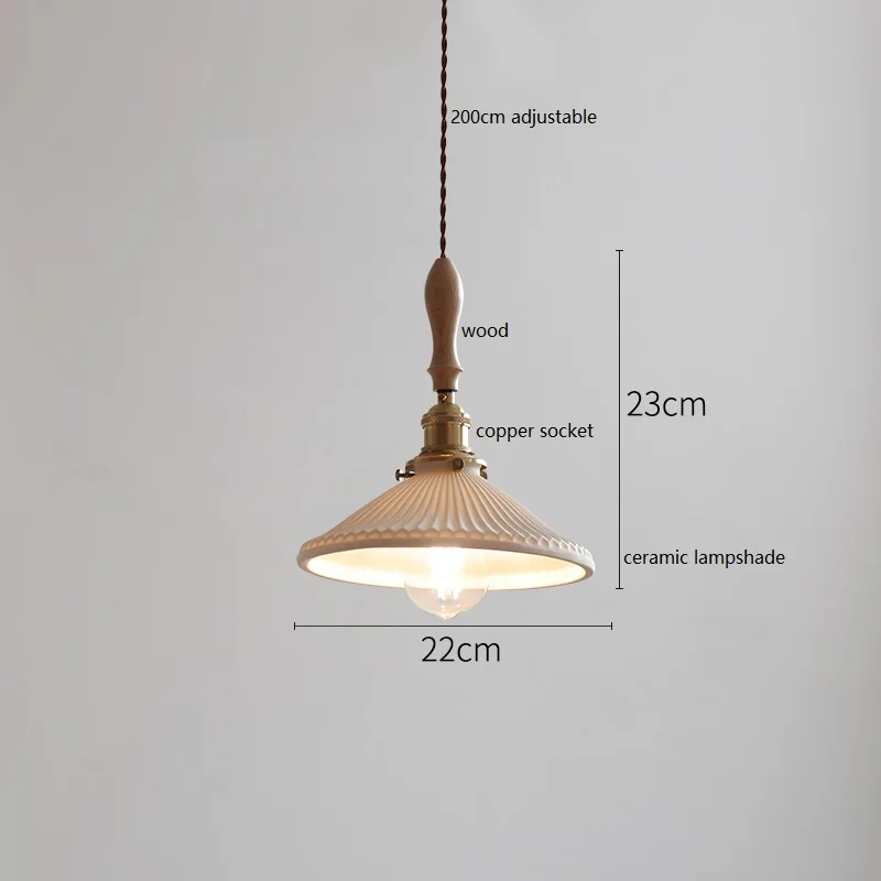 Copper Ceramic LED Pendant Lamp Wood Handle Home Indoor Decor Simple Modern Hanging Light Kitchen Dinning Living Room