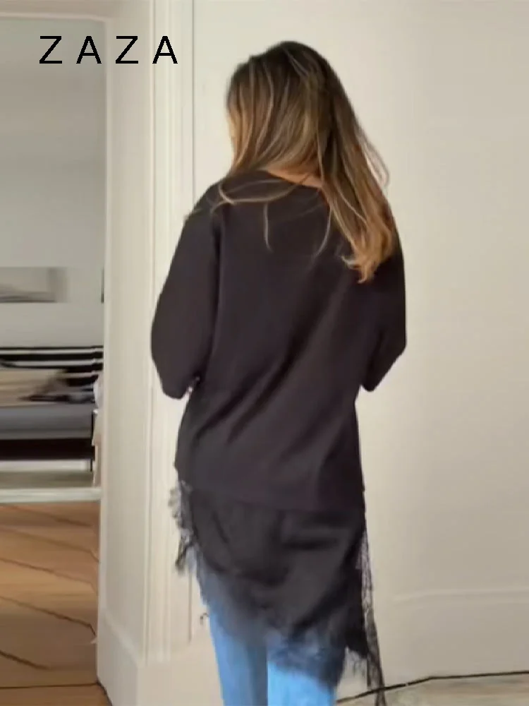 Zaza بلوزة نسائية جديدة من الدانتيل الساتان مقسمة نصف كم رقبة دائرية قميص طويل بحاشية غير منتظمة قطع علوية متينة 2025 ملابس علوية غير رسمية جديدة للسيدات