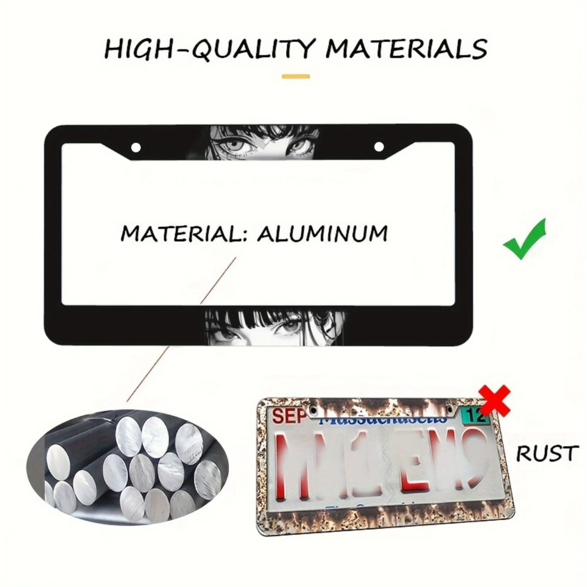 إطار لوحة ترخيص من الألومنيوم، أنماط شخصيات الرسوم المتحركة، تصميمات فتاة جميلة، كاريكاتير أبيض وأسود، إطار لوحة، هدية مبتكرة