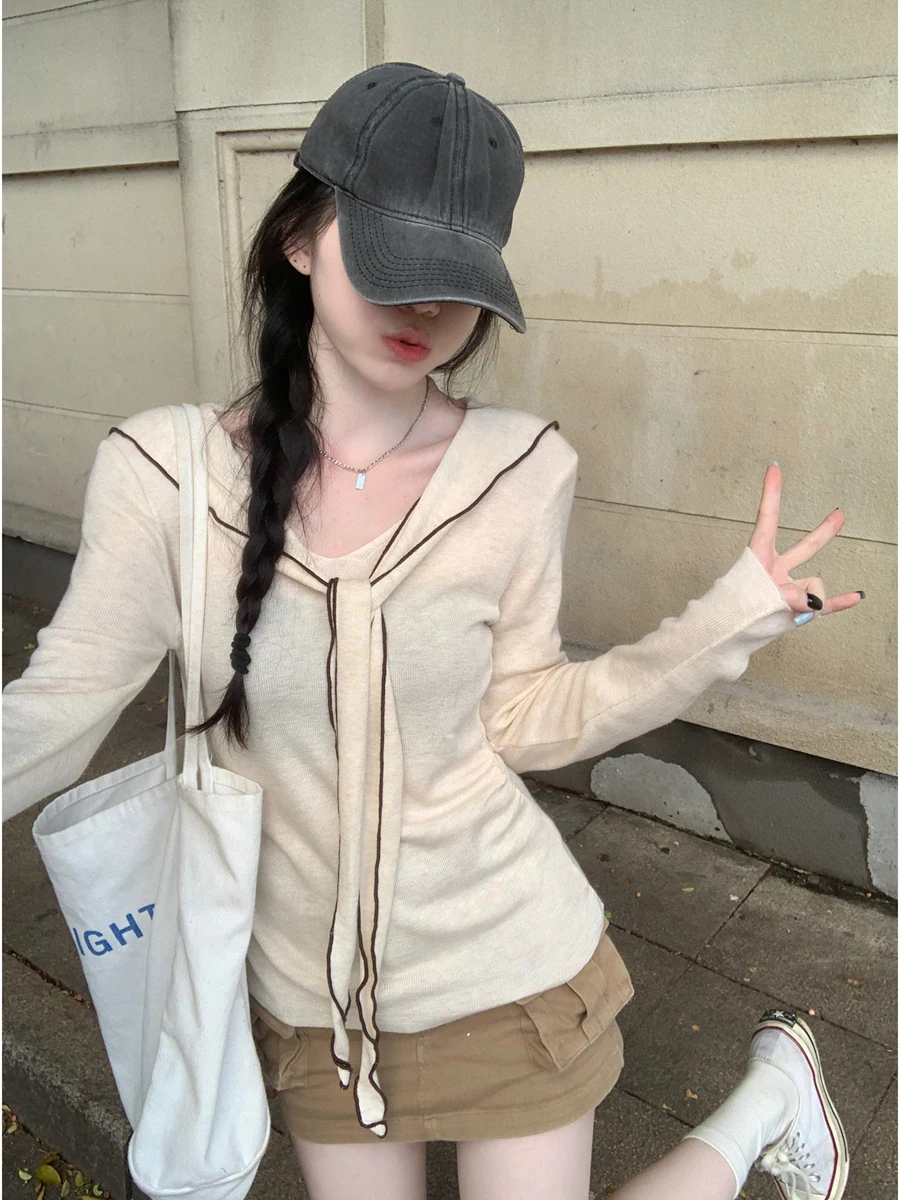 

Commute Friendly ort Knitted Navy Collar Sweater Korean Design Versatile Fem Top Layer Soft Polyester Blend Long Sve