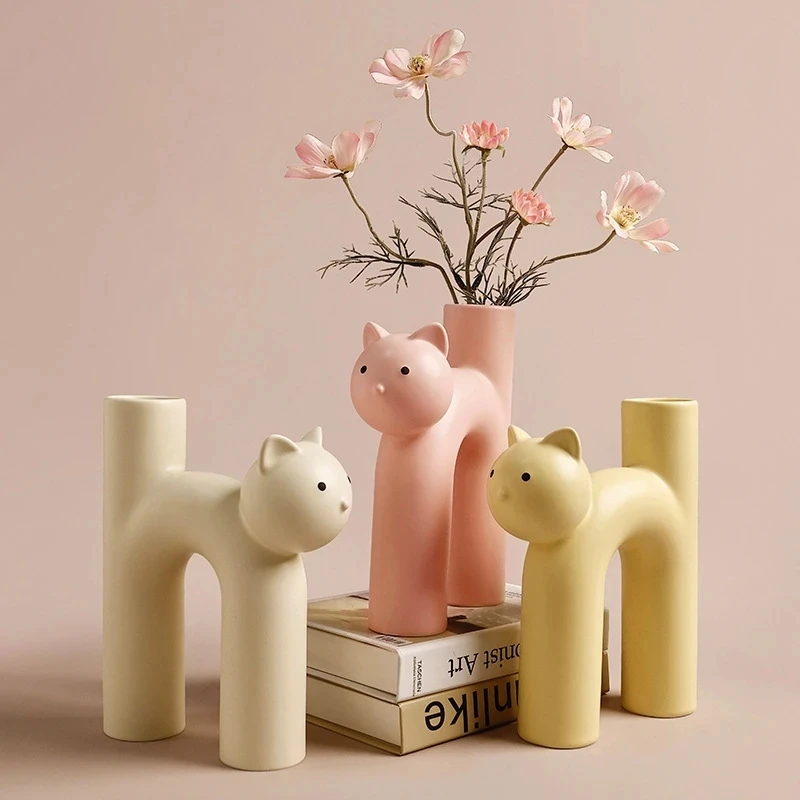 Cute Cat Vase Cathead H-shaped Ceramics Tube Girls' Light Luxury And High Beauty Desktop Living Room Dining Table Decorations