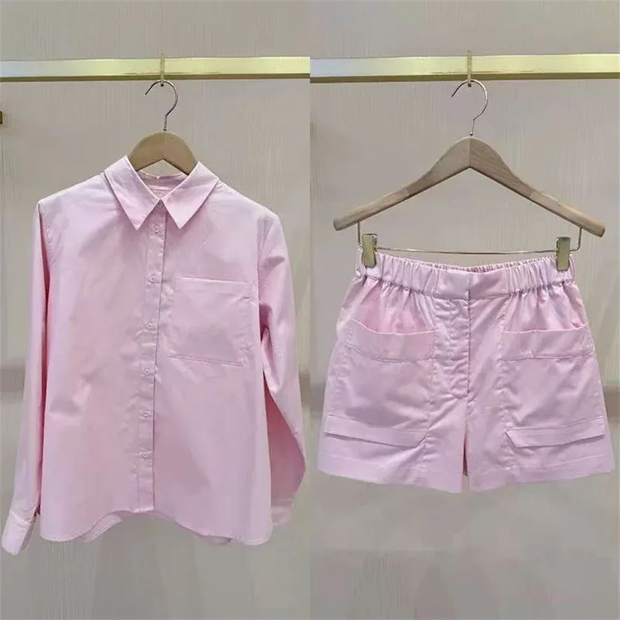 

Pink Shirt Collar Shorts Set Elastic Waist Big Pocket Spring Summer Fashion Women's Uniform Cotton Long Sleeve Casual Outfit