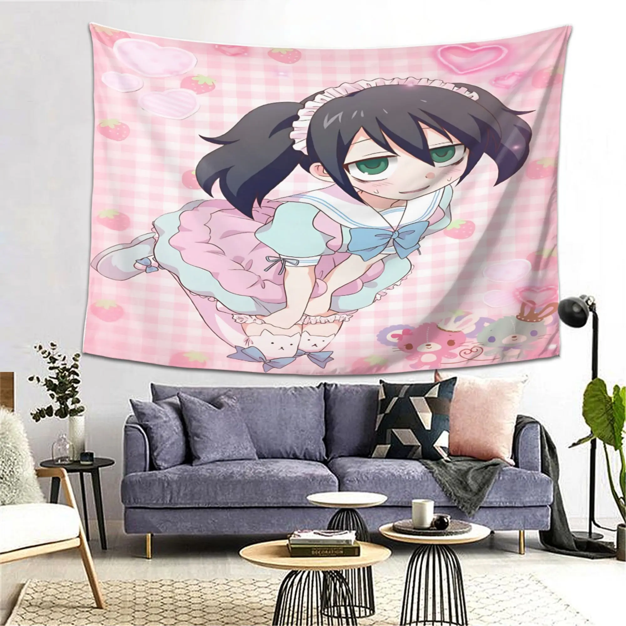 W-Watamote Tomoko Kuroki Maid Tapestry Pink Anime Wall Hanging Aesthetic Room Decor Cool Room Stuff Background Cloth for Bedroom