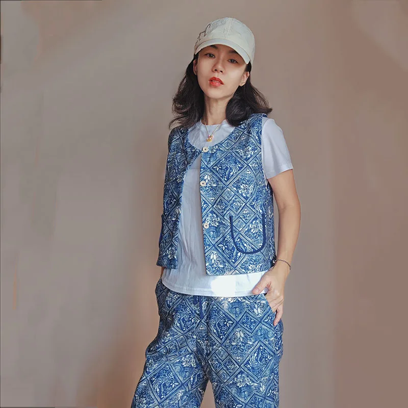 

Сине-белый жилет из чистого хлопка с круглым вырезом и открытой передней частью, весна-осень, новый оригинальный универсальный дизайн с персиковым узором