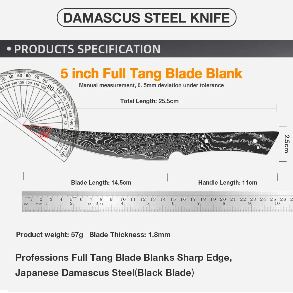 Handmade Damascus Steel Utility Knife Blank Curved Edge Blade Blank with Tang Heat Treated, Sharp, Ready Knife Making Supplies