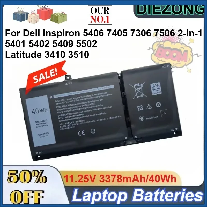 11.25V 3378mAh/40Wh JK6Y6 Laptop Battery for Dell Inspiron 5406 7405 7306 7506 2-in-1 5401 5402 5409 5502 Latitude 3410 3510